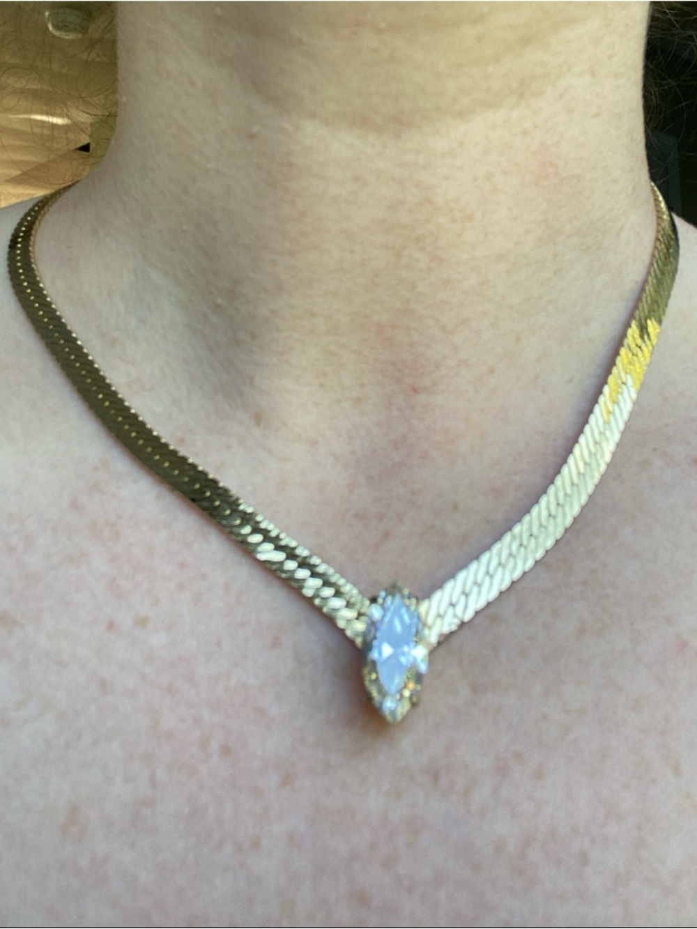 Gold-Tone Herringbone Necklace with Marquise Crystal Pendant - Picture 9 of 9